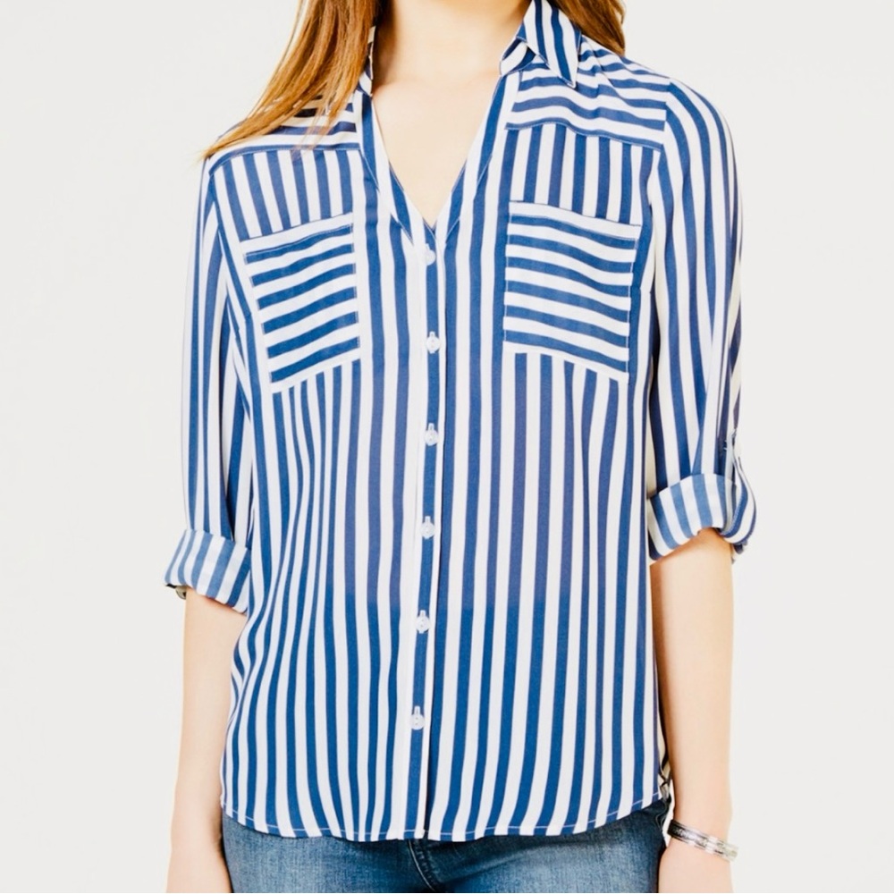 BCX Blue And White Striped Button-Up Shirt